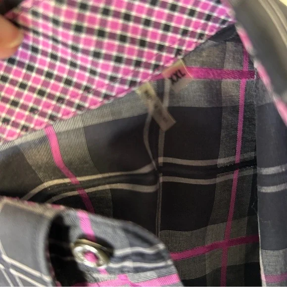 Bugatchi Men’s XXL Cotton Shape Fit Button Down Dress Shirt Black Pink Plaid EUC - Picture 6 of 10